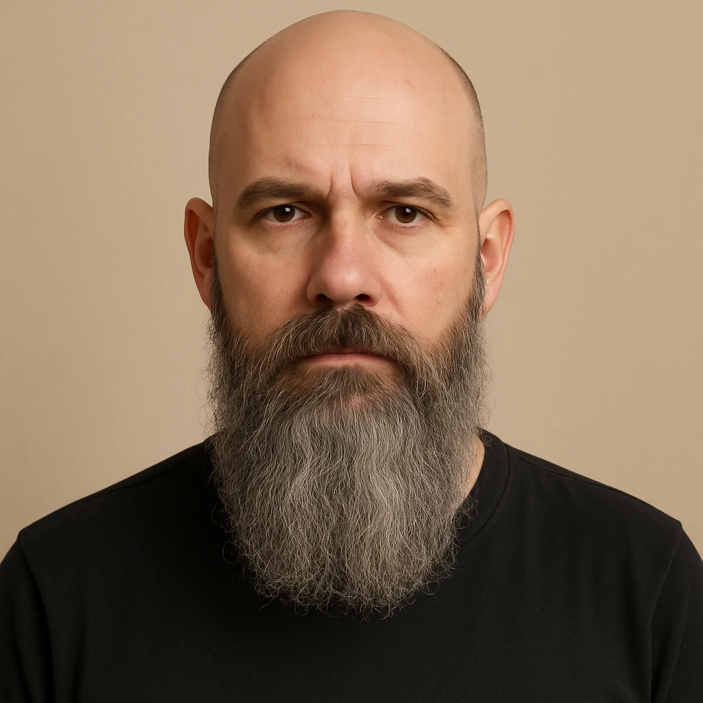 a bald man with a long grey beard, neutral expression, simple background emoji