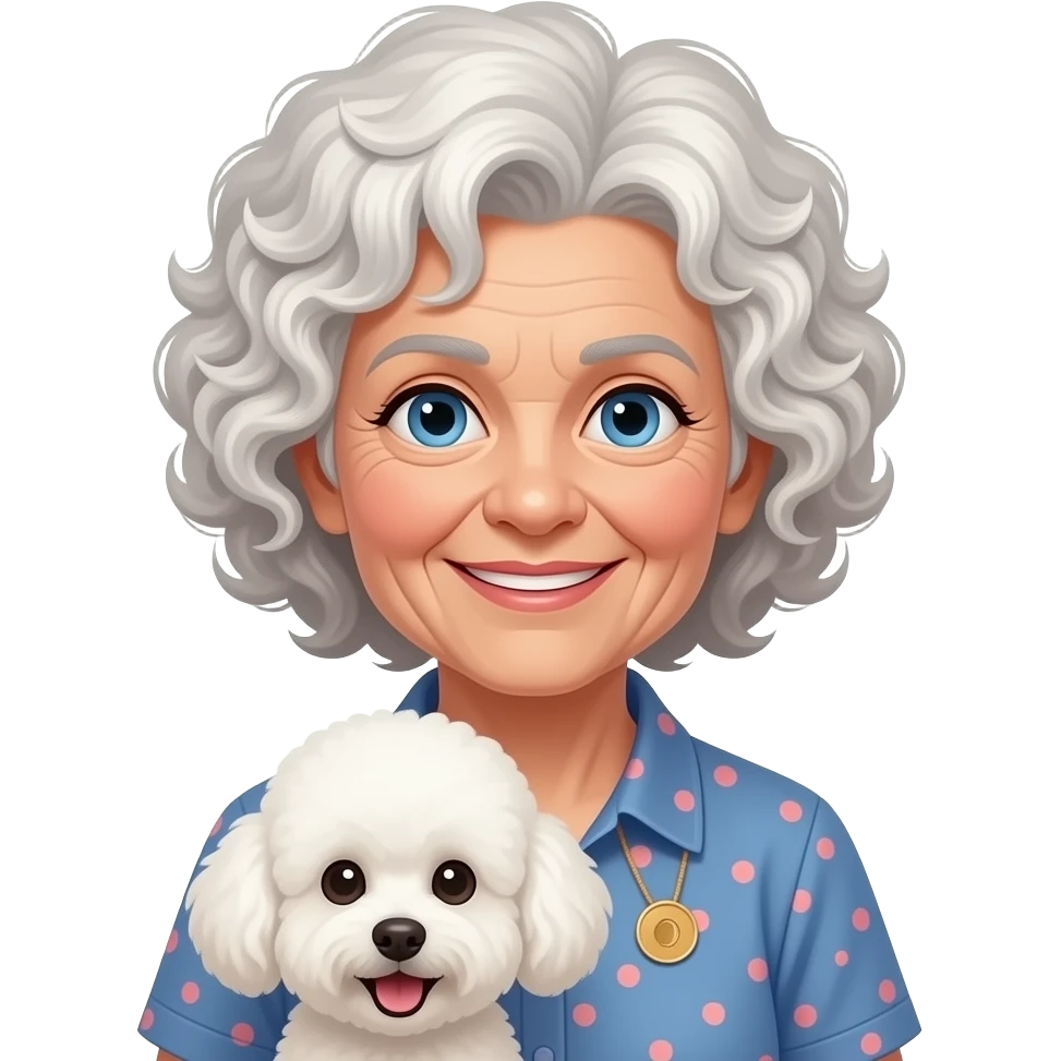 Elder woman curly hair blue eyes having a  white Maltipoo emoji