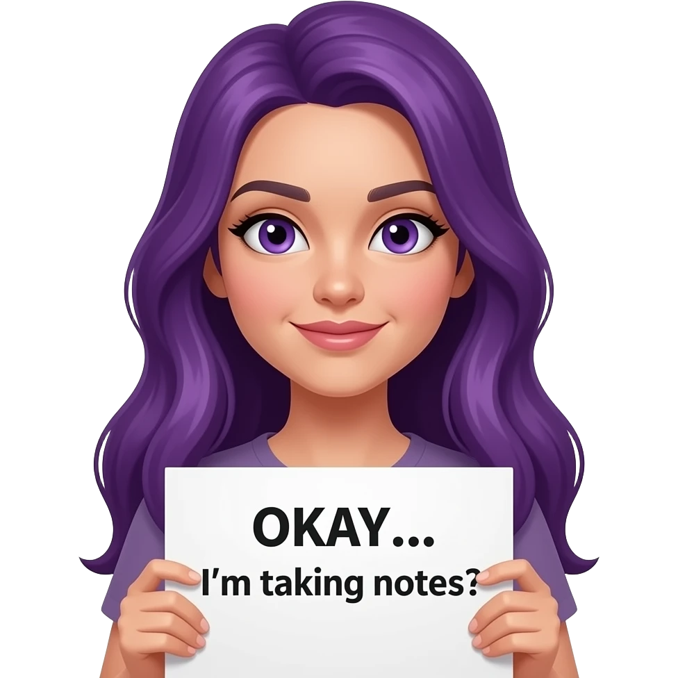 sexy girl with long purple hair and purple eyes holding a OKAY... I'm taking notes  sign emoji
