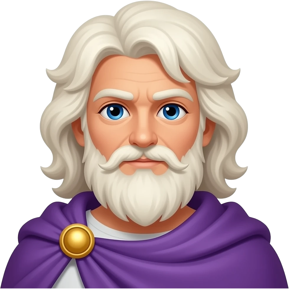 Jupiter from Roman Mythology with blue eyes, long white blonde storm cloud hair and beard, purple cloak emoji