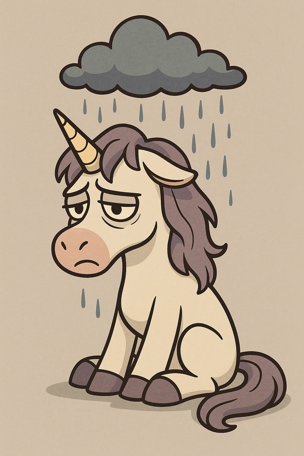 a melancholic unicorn sitting alone with a raincloud overhead, soft shading emoji