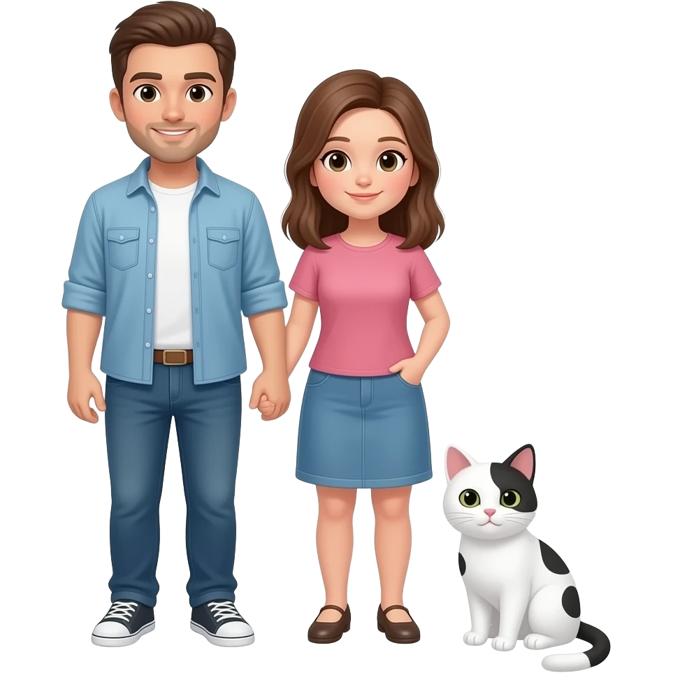 Faz um casal e um gato branco com pintinhas pretas emoji