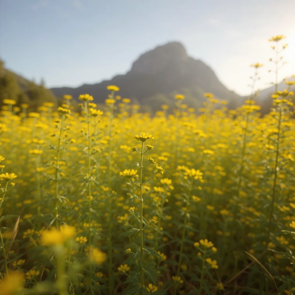 Enhance the yellow wildflowers by adding more volume and making them more three-dimensional with emphasis on depth and light-shadow contrast, in the style of wide-angle photography, with a clean background. emoji