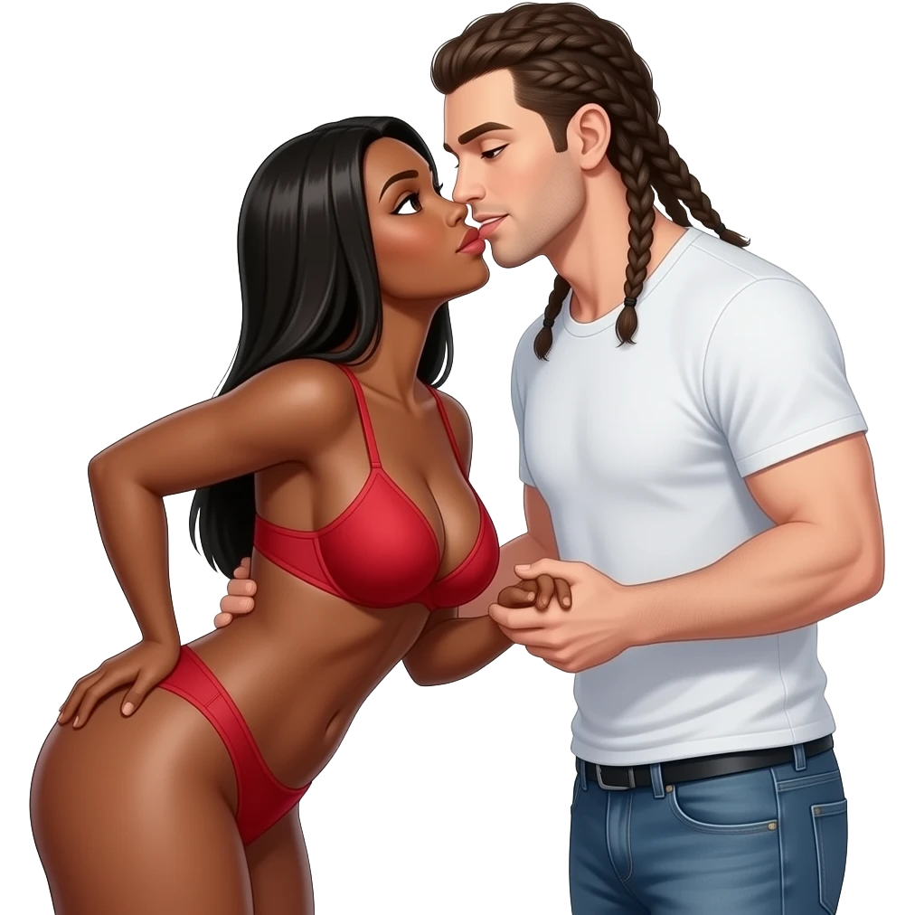 Lightskin black woman with brown eyes & long black straight hair wearing only a sexy red bra bent over having sex with a skinny white man with braids that come down to neck wearing skinny jeans emoji
