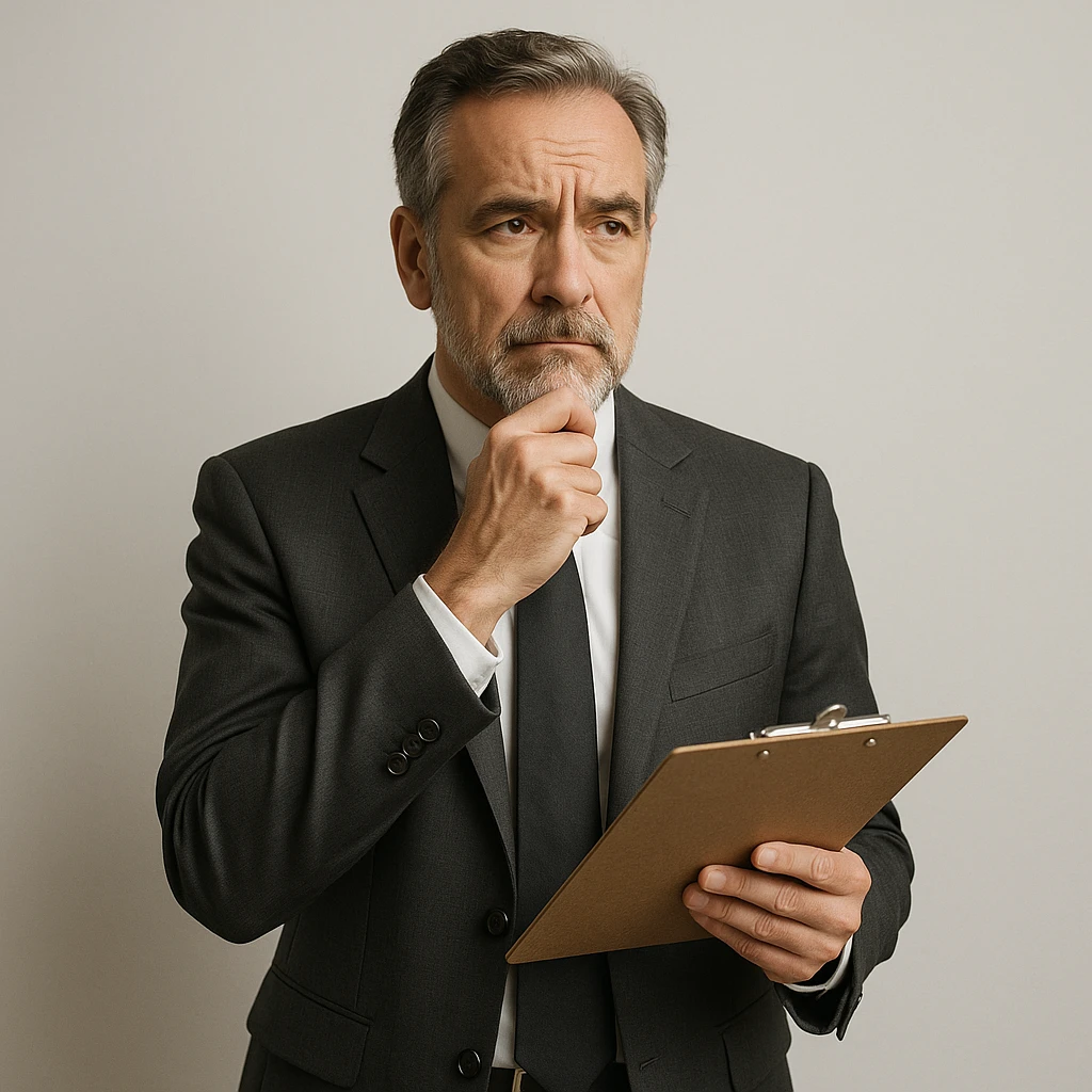 mature man in a suit holding a clipboard, thoughtful look, minimal background emoji