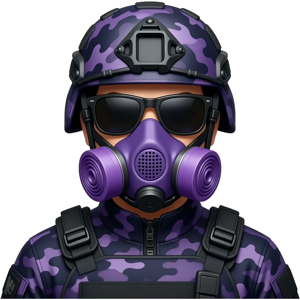 Man with two middle fingers in large black sungoggles dark purple camoflage tactical gear helmet purple gasmask emoji