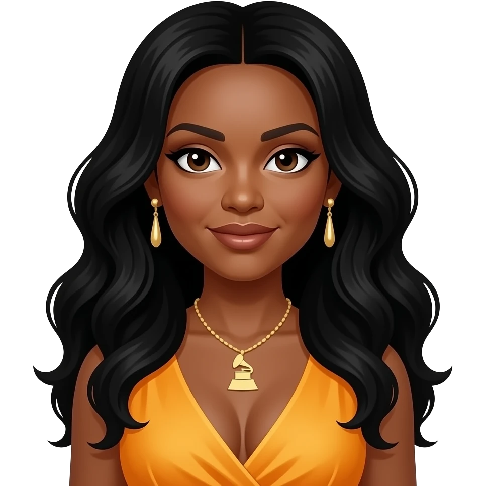 Rozonda Chilli Thomas from TLC with dark brown eyes, long black wavy hair, yellow-orange grammy dress, necklace and earrings emoji