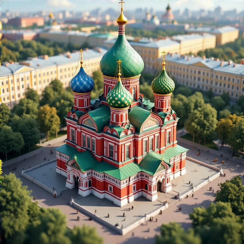 Изометрическая фотореалистичная иллюстрация-модель Собора Василия Блаженного, вид чуть сверху, баланс между стилизацией и реализмом, эффект миниатюры, слегка рисованный, прозрачный фон emoji