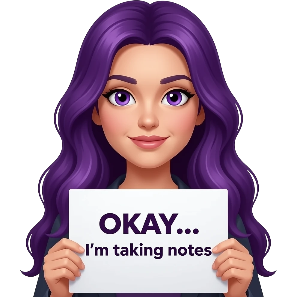 sexy girl with long purple hair and purple eyes holding a OKAY... I'm taking notes sign emoji