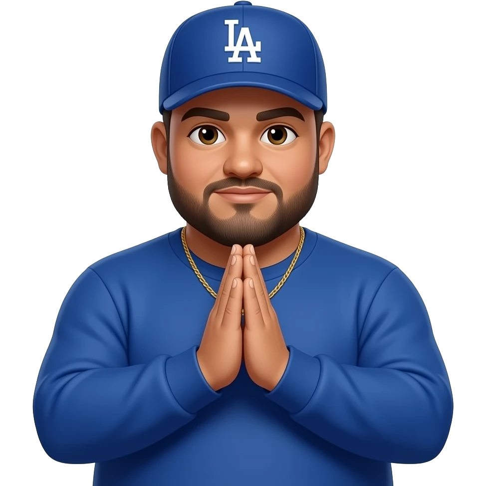 chubby man with a light honey skin complextion with lightly shaved black beard wearing a blue Los Angeles Dodgers baseball cap wearing a long sleeve blue shirt wearing a gold tennis necklace with prayer hands emoji