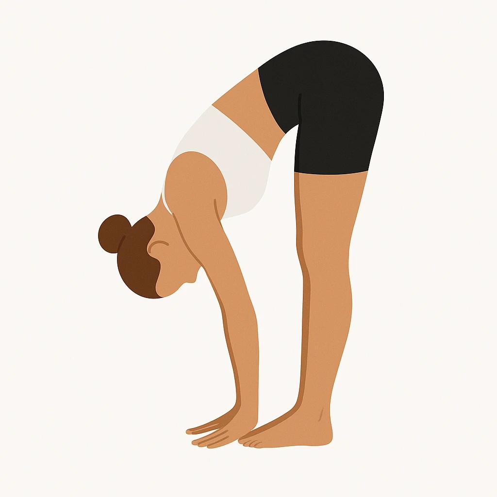 "Minimalist flat vector illustration of a woman doing yoga in forward fold pose (Uttanasana), wearing sportswear (white top and black shorts), brown hair in a bun, clean white background, no face details, elegant style" emoji