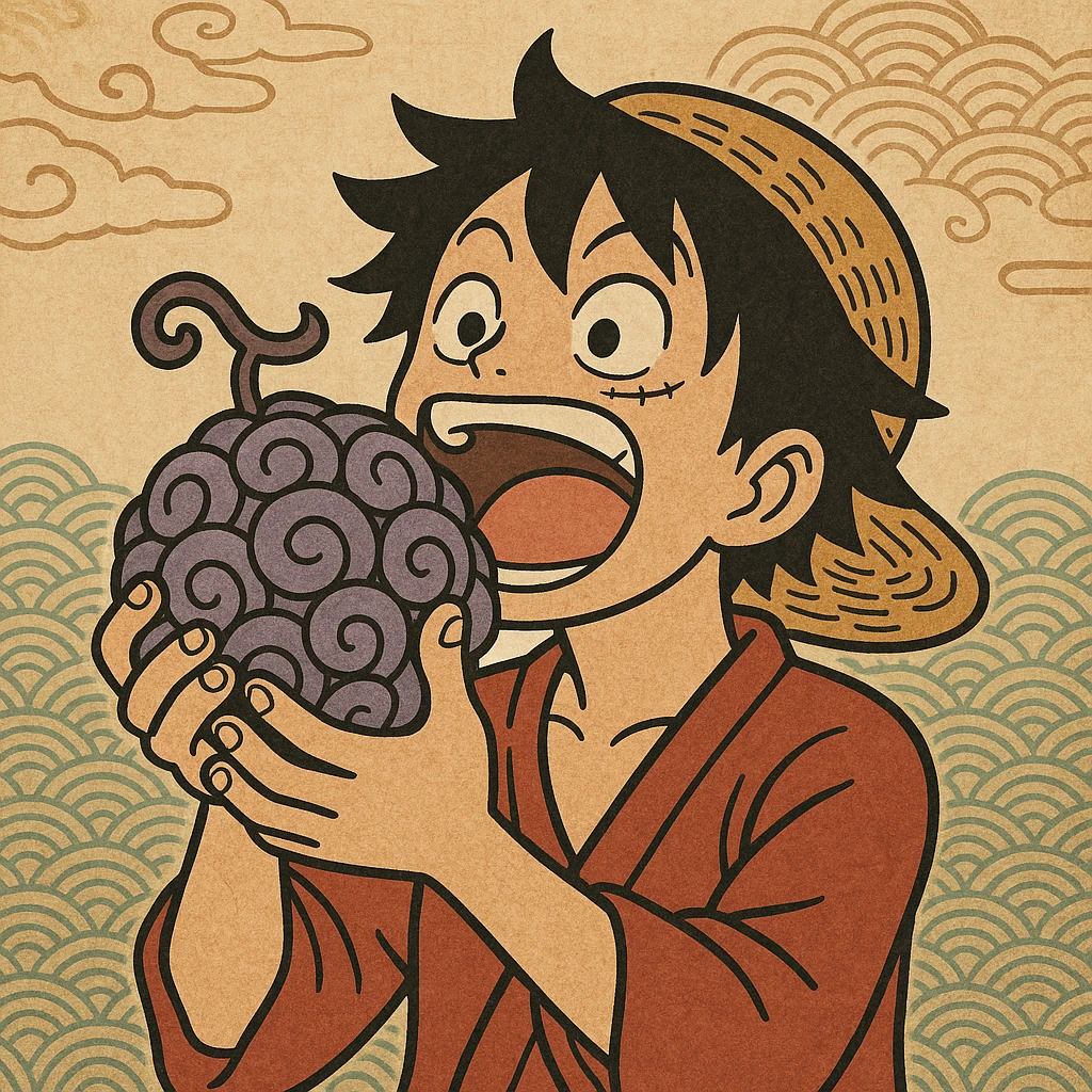 Luffy eating the gum gum fruit, manga style, bright colors, joyful expression, simple background emoji