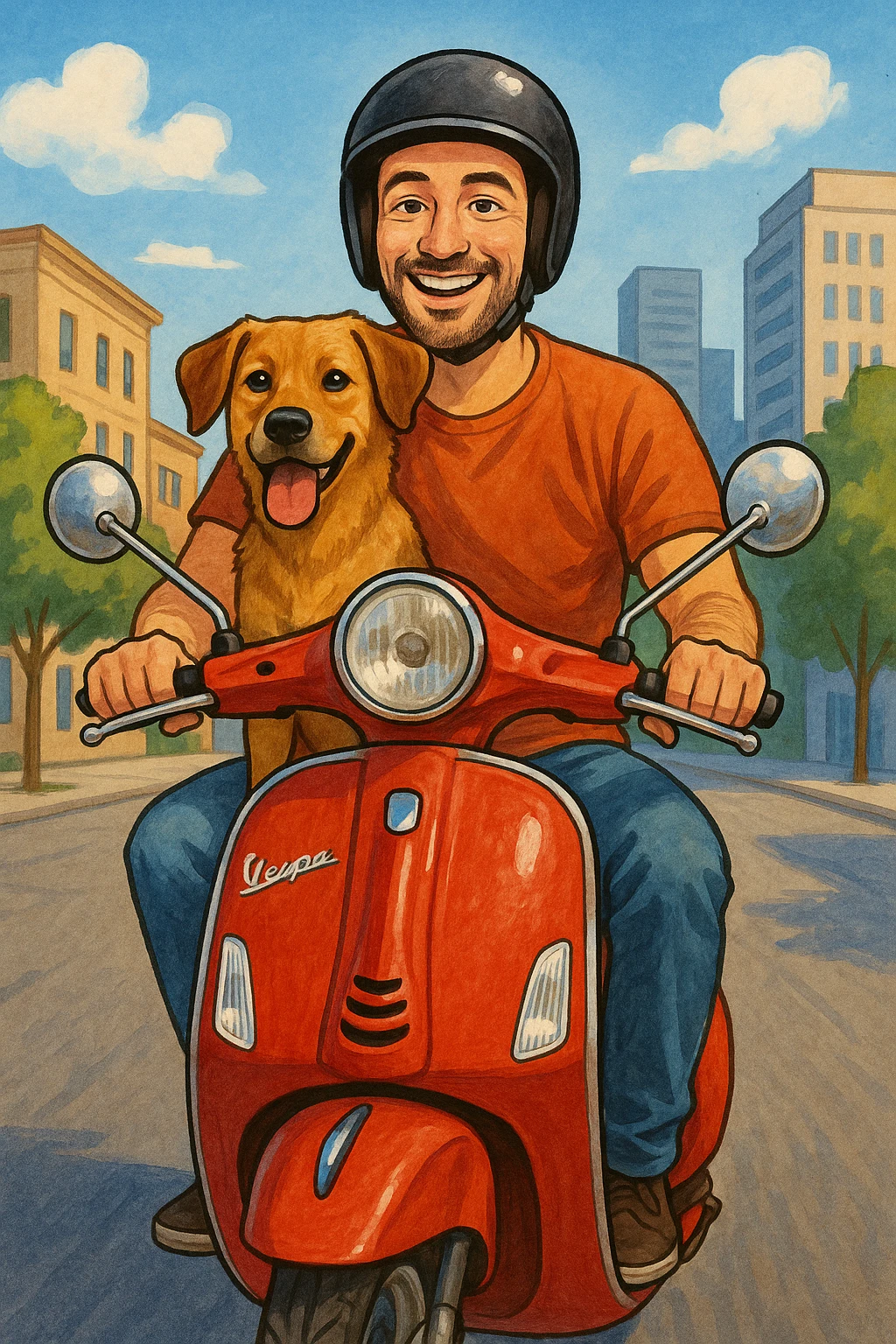 man and his pet dog riding a vespa emoji