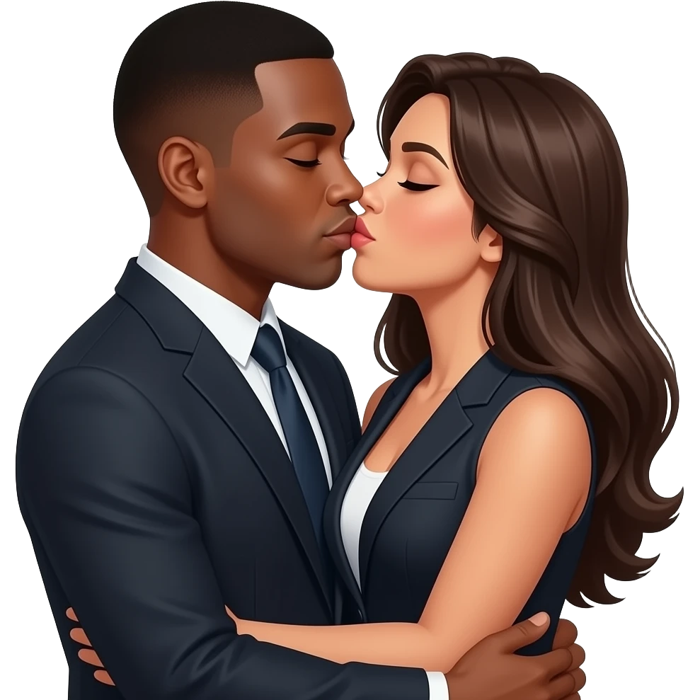 Black male with brown skin and short hair with a Columbian well built woman with look hair and pretty eyes. Wearing formal wear. Hugging and kissing emoji