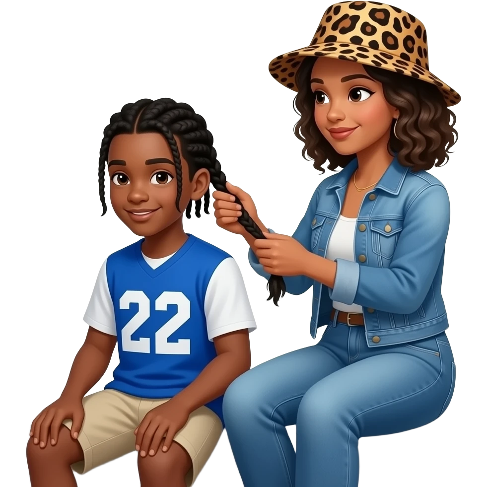 African American teenage boy sitting on porch steps wearing blue and white jersey shirt with 22 on it getting cornrow braided in her by an African American woman with shoulder length curly hair wearing a leopard print bucket hat wearing denim jeans and a denim jacket emoji
