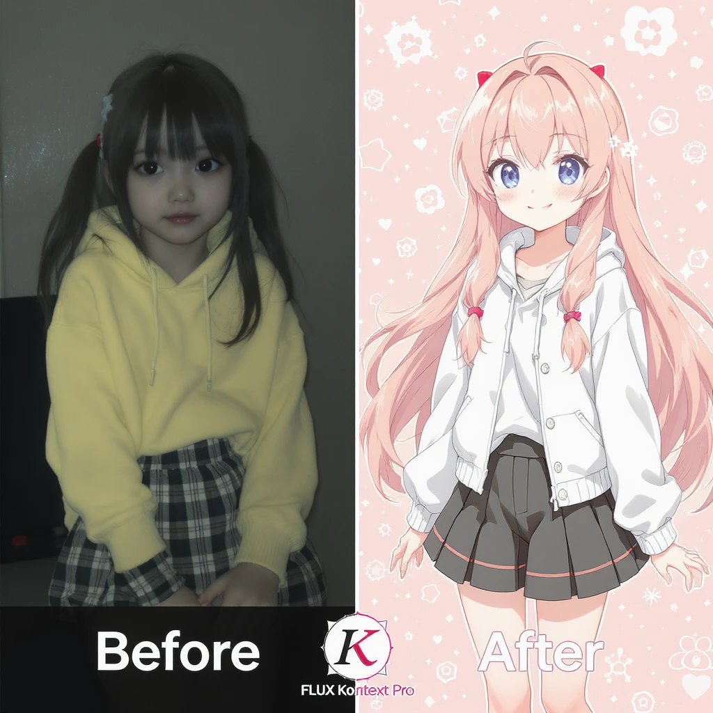 create before after image of a girl before is realsitic photo, after is anime version of her in same pose and clothes, add logo with text of a "FLUX Kontext Pro" emoji