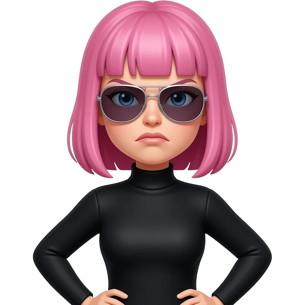Pissed off woman with pink jaw lenght hair and bangs wearing aviator sunglasses and hands on hips and a black turtle neck emoji