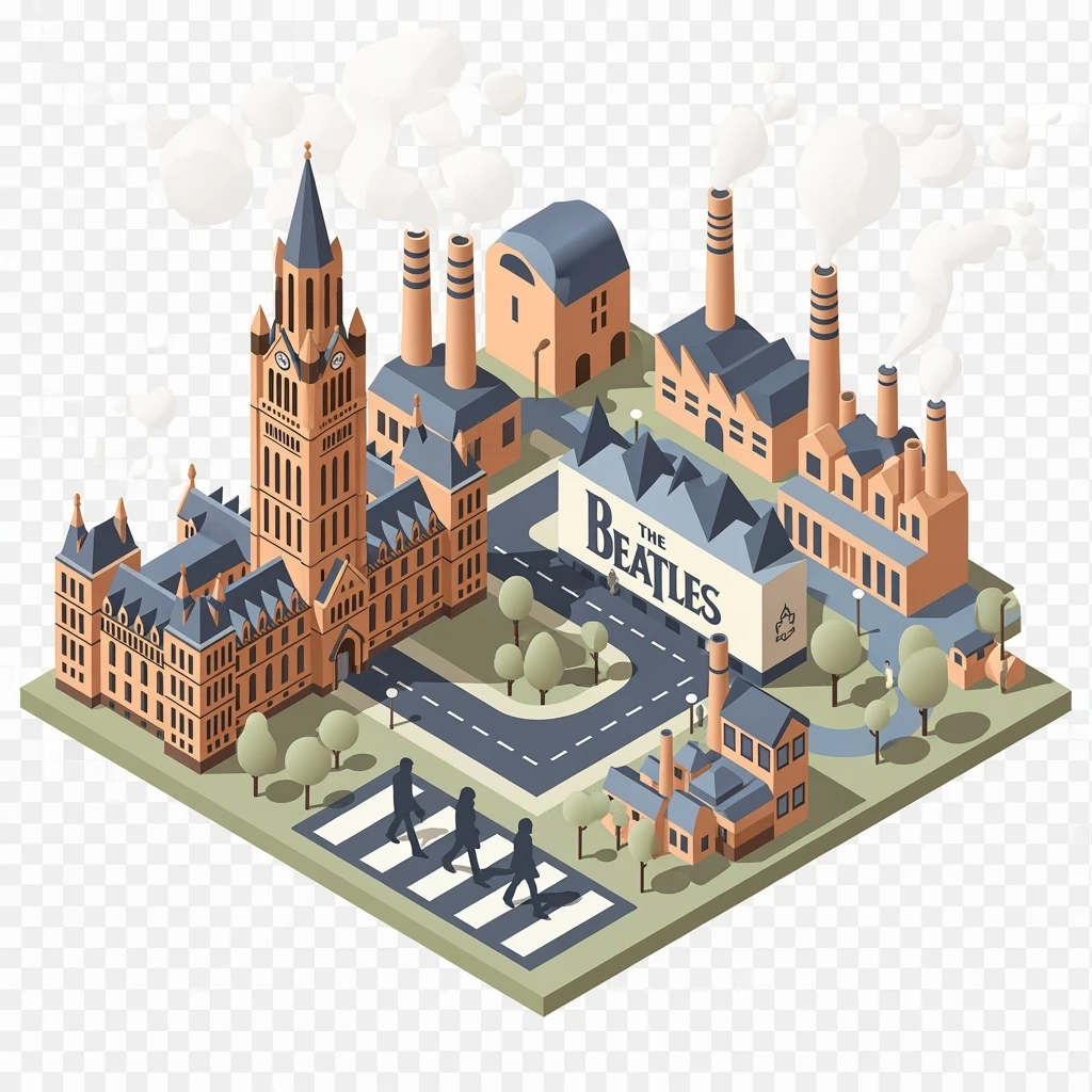 Isometric illustration of Manchester and Liverpool combined, featuring Beatles references (Abbey Road sign), Manchester Town Hall, toy-style factories, muted pastel tones, transparent background emoji