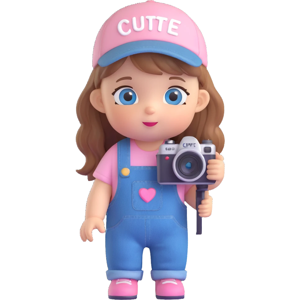 3D cartoon character design of a cute baby girl with golden brown hair, big blue eyes, pink blush, wearing denim overalls with the word 'cute' printed on her clothes, a cute hat, big head and small body, holding a camera, three-view lineup front side back emoji