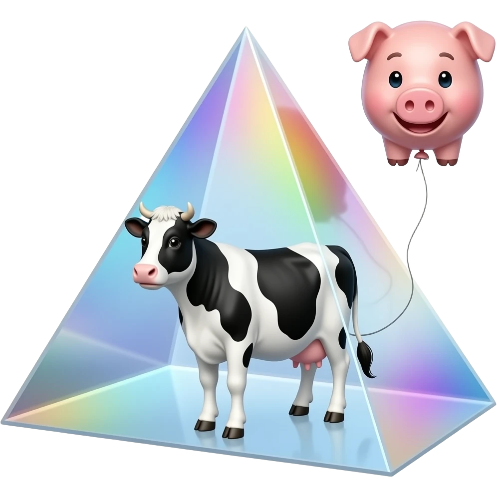 a black and white cow stands inside a glass pyramid floating in space and shining with rainbow colors, outside the pyramid floats a balloon in the shape of a pig connected to the cow emoji