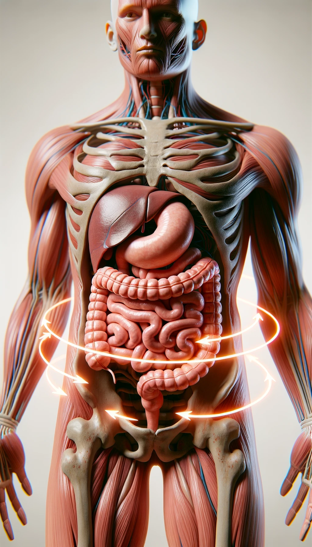 corpo umano anatomico con intestino umano anatomico con frecce 3d che gli girano intorno, sfondo chiaro, iperrealistico 4k emoji