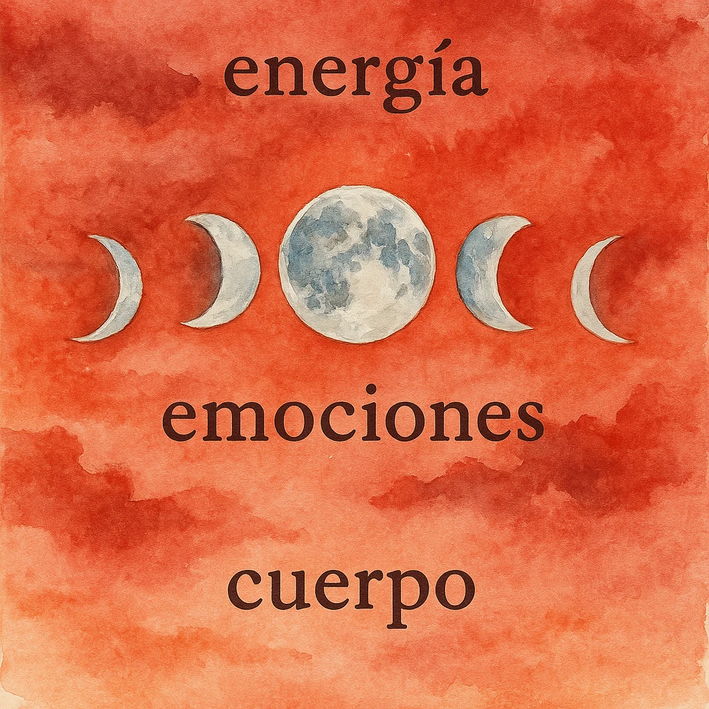 moon in motion in a red sky, words 'energía', 'emociones', 'cuerpo' in the image, watercolor style emoji