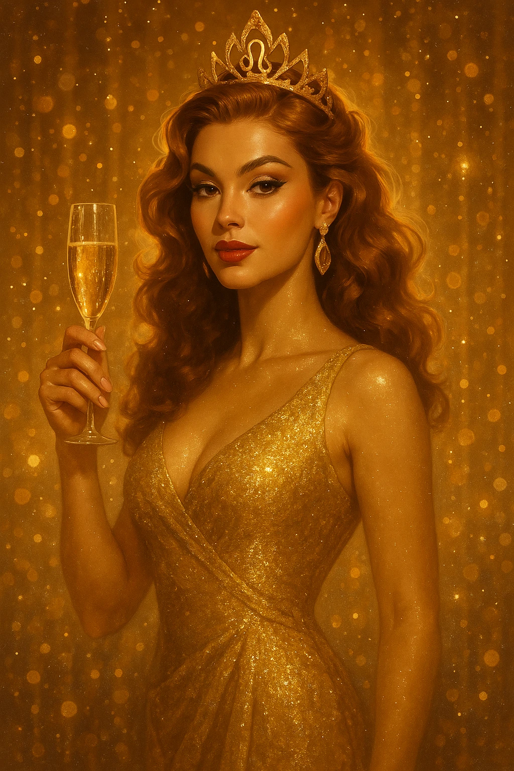 leo zodiac sign inspired woman, glamorous, with a champagne glass, surrounded by sparkles emoji