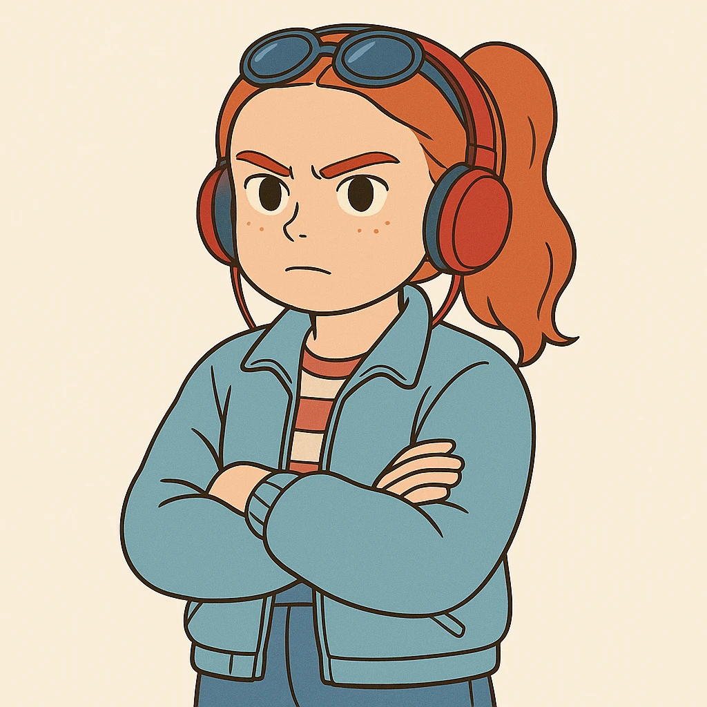 Max Mayfield from Stranger Things with iconic look: arms crossed, blue jacket, red headphones, red hair tied, challenging expression, simple line art, light pastel tones, thick outlines, Ghibli style, square 1:1 format. emoji