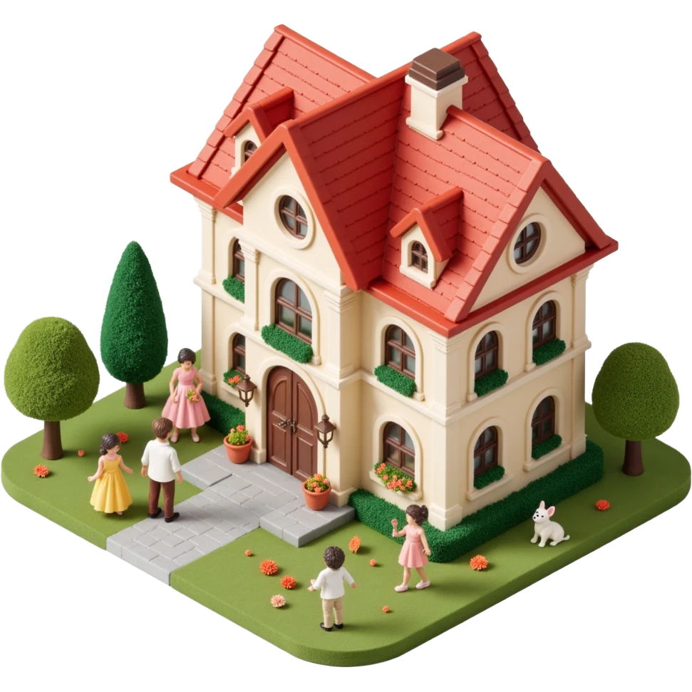 palace house with a family and pet, celebrations  emoji
