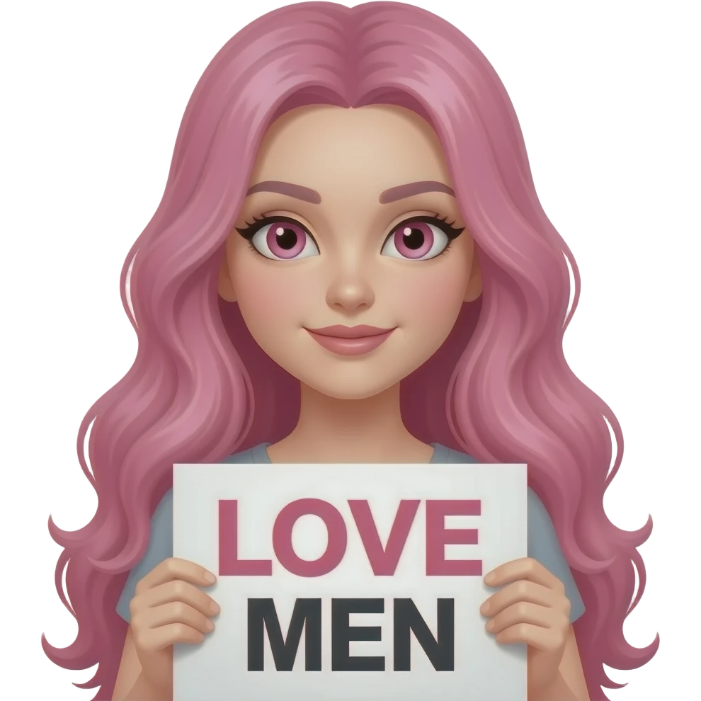 sexy girl with long pink hair and pink eyes holding a LOVE MASKED MEN sign emoji