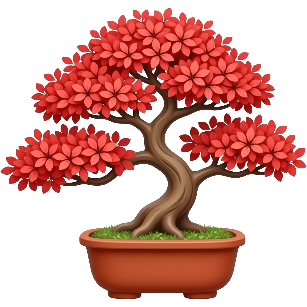 (Sharimiki) A short bonsai  horizontal in a short red clay vase, red leaves. Simple SVG low poly style emoji
