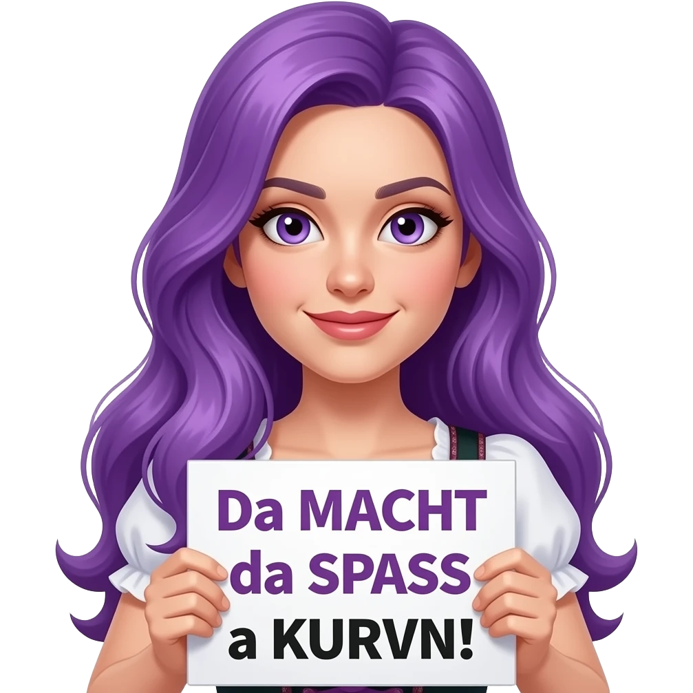 sexy girl with long purple hair and purple eyes wearing a dirndl holding a Da MACHT da SPASS a KURVN!sign emoji