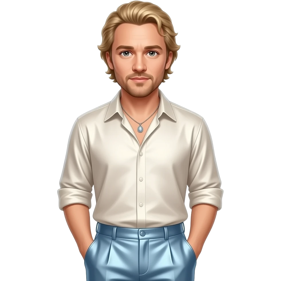 Heath Ledger with hazel eyes, golden blonde hair, ivory metallic shirt, light steel blue metallic baggy pants, necklace emoji