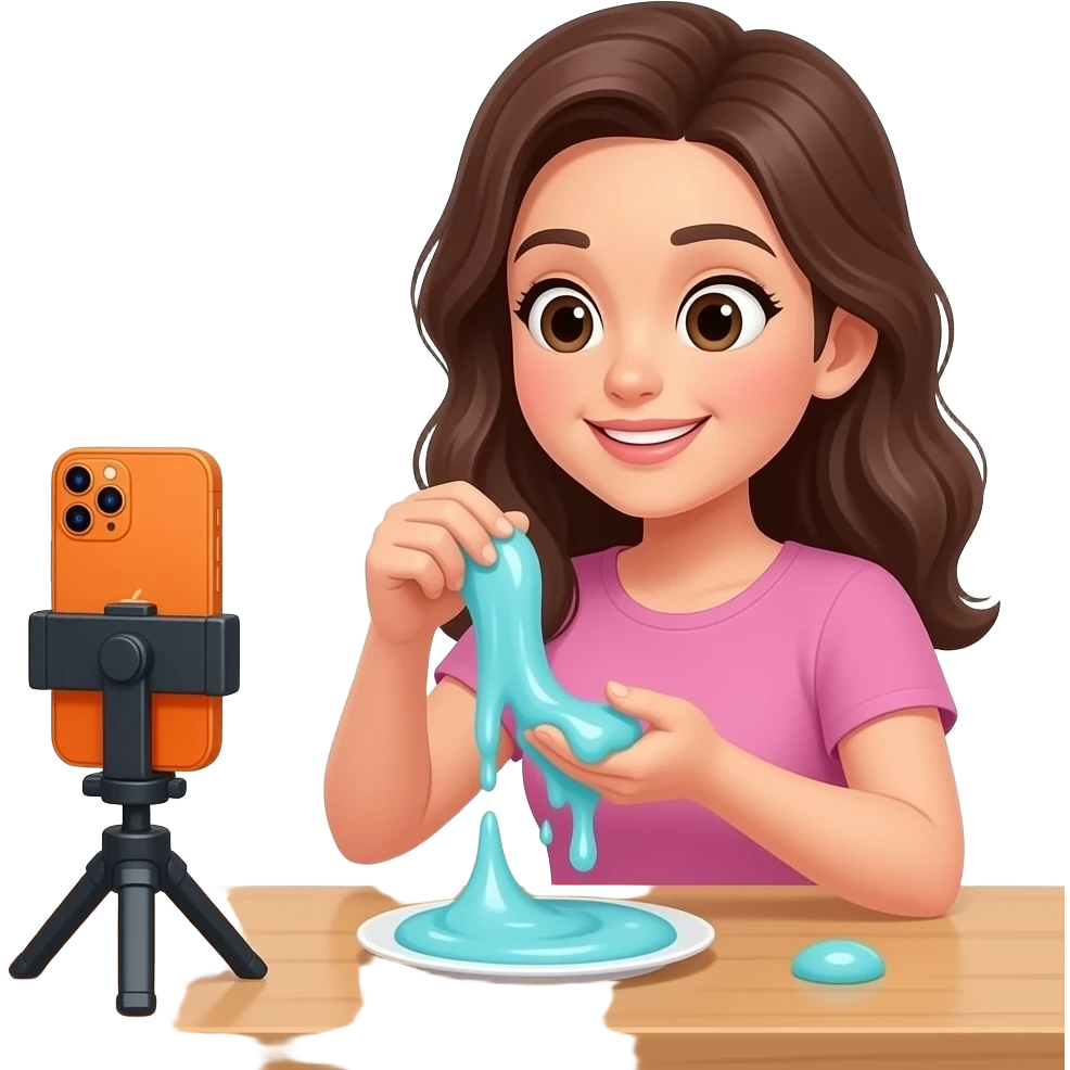 An women is making live about slime the phone17 pro max orange color is in the table and she gets 10,000 likes and coments and she is playing with taba squishy emoji emoji