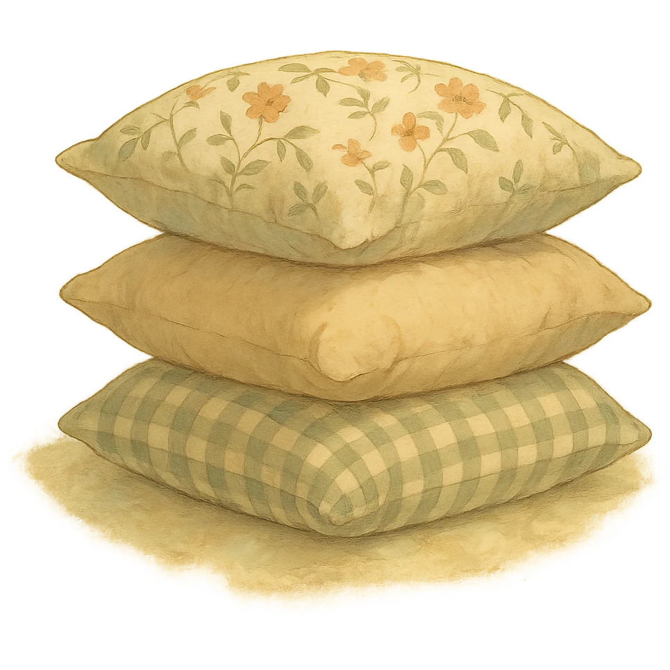 realistic stack of three pillows, floral, plain and gingham pillowcases, natural colors, soft, fairy-like atmosphere, no background, square size emoji