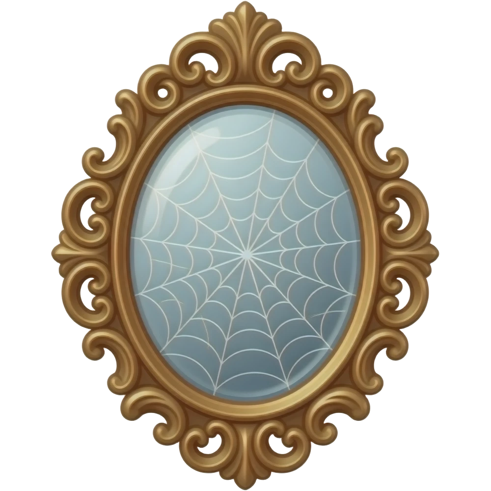 An ornate, vintage-style oval mirror with an intricate, swirling rose gold frame. The glass is aged and covered in fine, spiderweb-like cracks, creating a moody, luxe aesthetic emoji