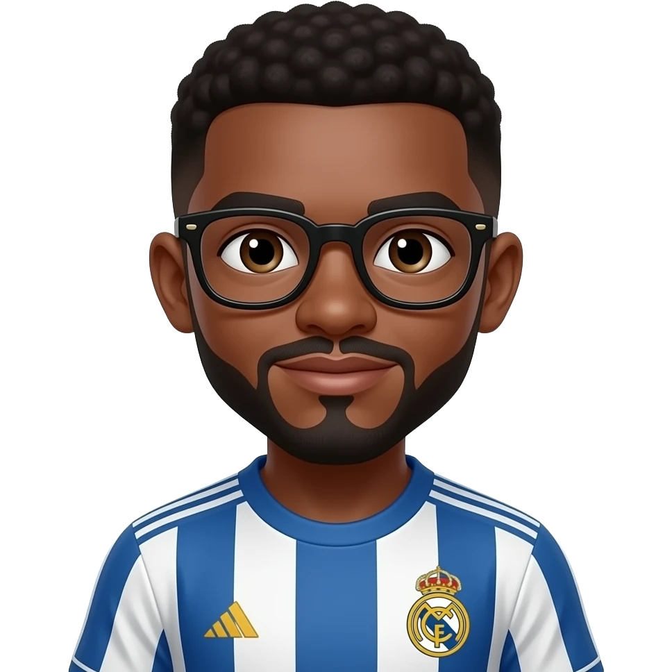 black boy with black and gold glasses playing soccer with a madrid jersey and a little mustache and a goatee emoji