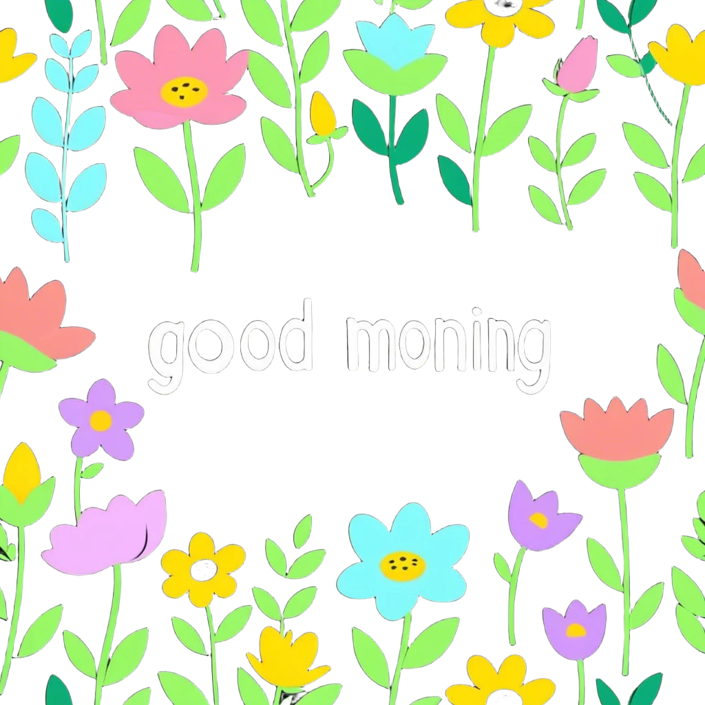 Spring flowers in garden with morning sun with inscription Good morning  emoji