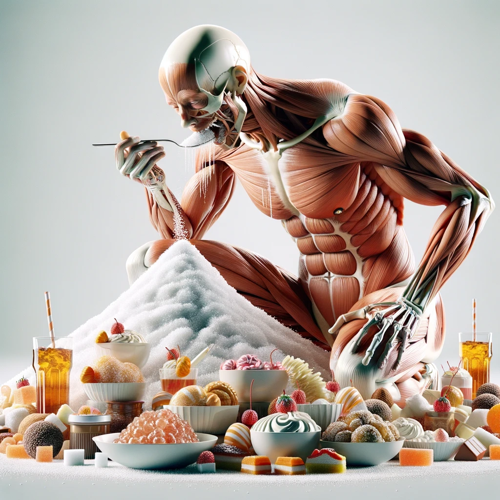 corpo umano anatomico che si abbuffa di dolci e zuccheri, montagna di zuccheri davanti a lui, iperrealistico 4k, isolato su sfondo bianco emoji