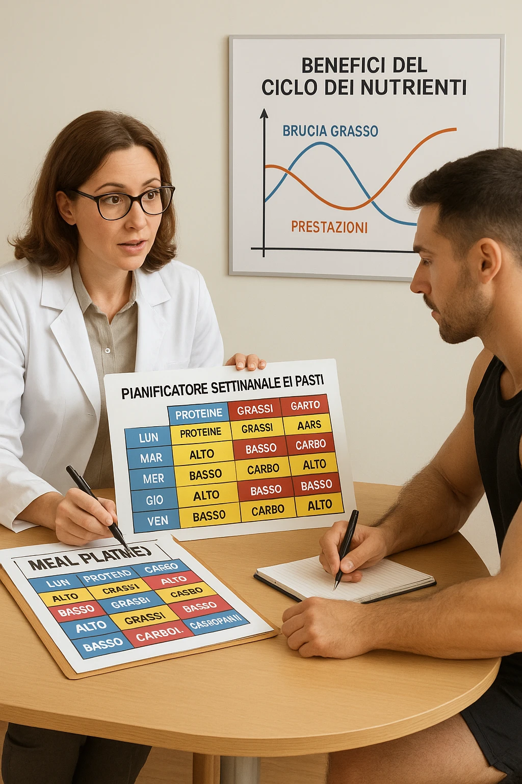 a nutritionist explains to an athlete how to cycle macronutrients for fat loss and training. On the desk, a weekly meal planner shows alternating high-carb and low-carb days, with color-coded sections for proteine, grassi, and carbo. The athlete takes notes, and a chart in the background illustrates the benefits of nutrient cycling. The mood is professional and educational. scritto in italiano emoji