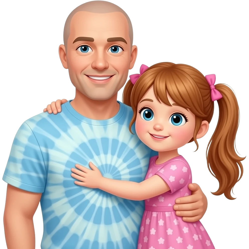 Auburn haired girl child with twin ponytails wearing a pink dress hugging balding adult father wearing a light blue tye dye t-shirt shirt emoji