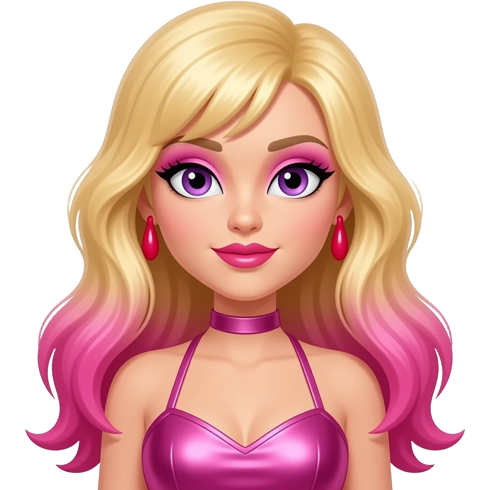 Jem from Jem and The Holograms with light skin, violet eyes, long blonde and hot pink hair, pink eyeshadow, hot pink lipstick, hot pink metallic halter dress, red earrings emoji