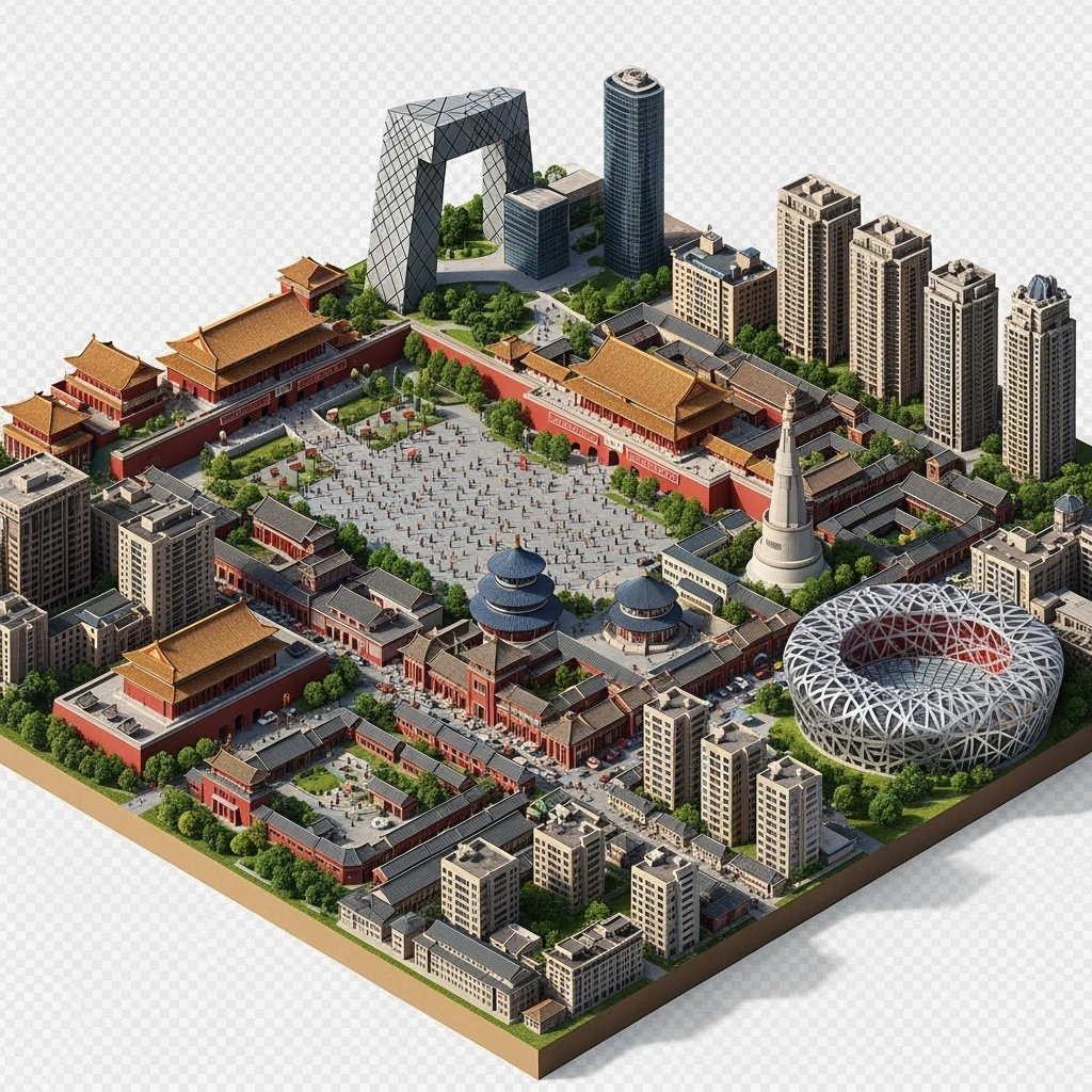 Isometric miniature of Beijing Forbidden City, Tiananmen Square, CCTV Headquarters, Temple of Heaven, Bird’s Nest Stadium and crowded hutong alleys, apartment blocks, 3D miniature effect and Tilt Shift effect, no cartoonish look, transparent background. emoji