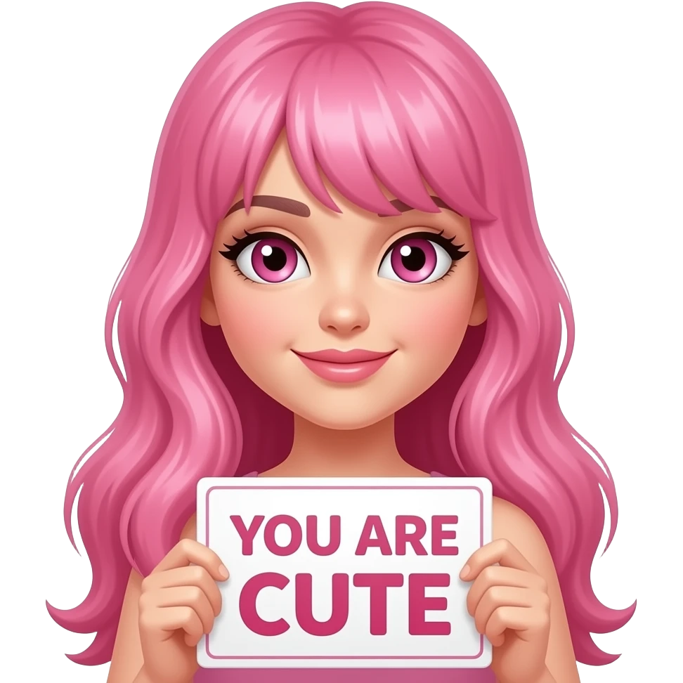 sexy girl with long pink hair and pink eyes wearing a holding a YOU ARE CUTE sign emoji