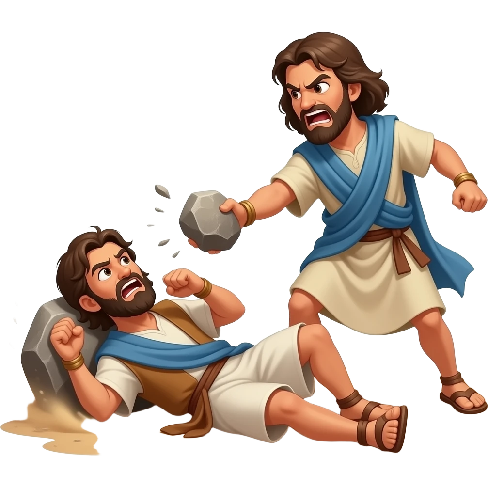 Two grown brothers dressed in biblical times fighting. One brother is on his back on the ground shielding himself from the blow his angry brother is about to give with a rock in his hand emoji