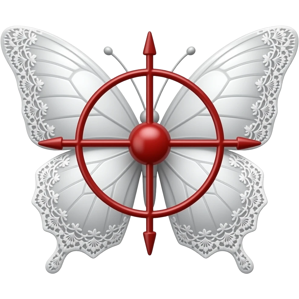 subtle elegant white butterfly, 3D emoji gothic butterfly, white velvet, white filigree, white lace trim, large red sniper crosshair overlay emoji