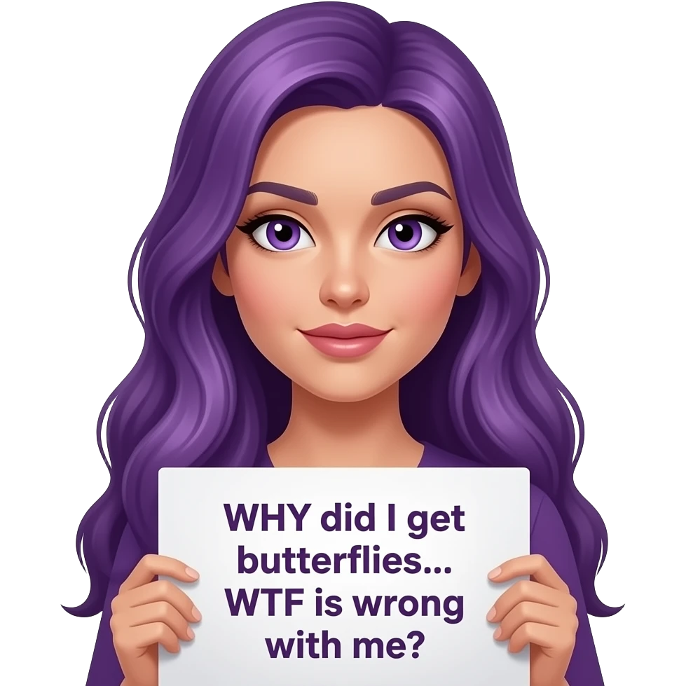 sexy girl with long purple hair and purple eyes holding a WHY did I get butterflies... WTF is wrong with me? sign emoji