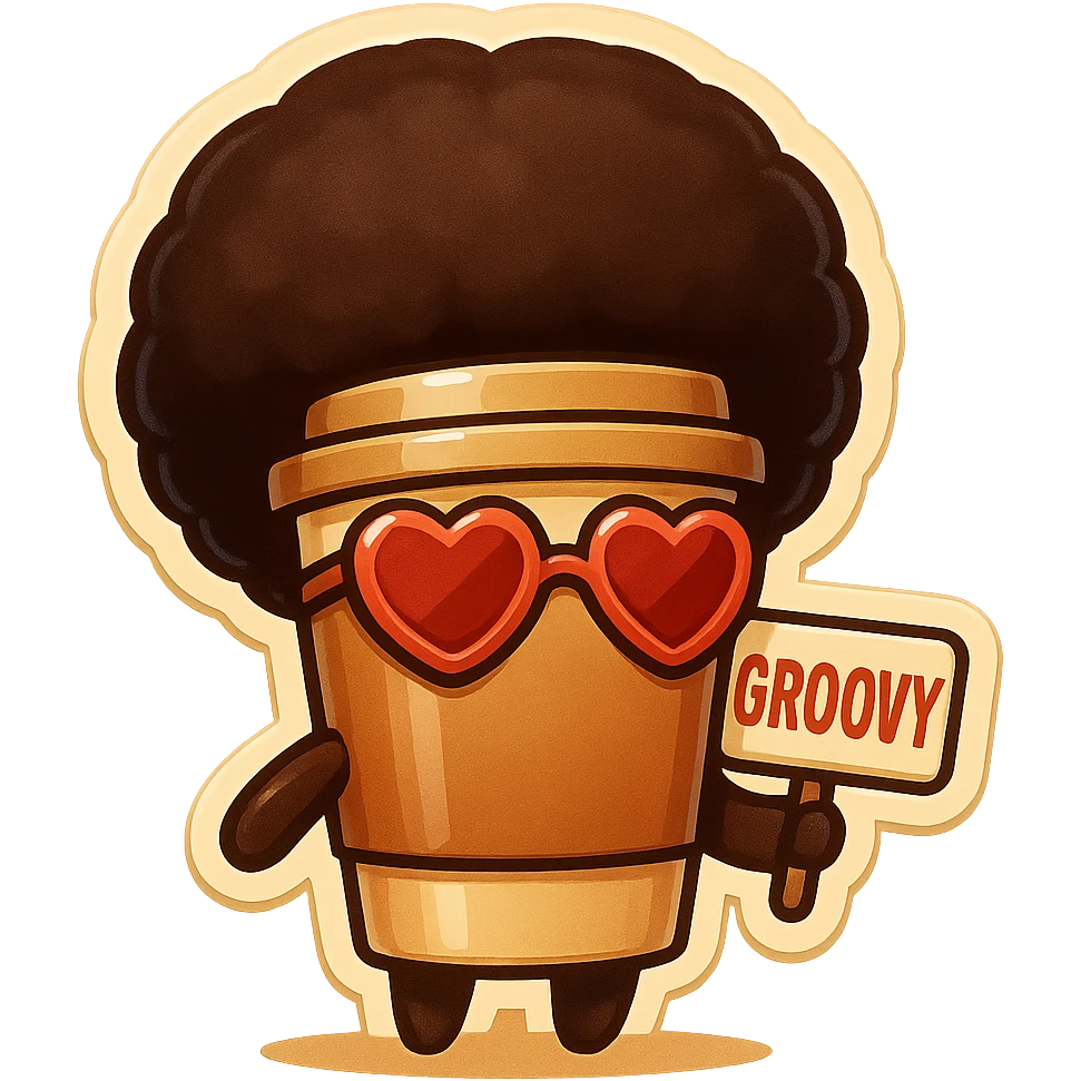 Tall coffee cup, no mouth, afro, heart glasses, holding sign "groovy" emoji