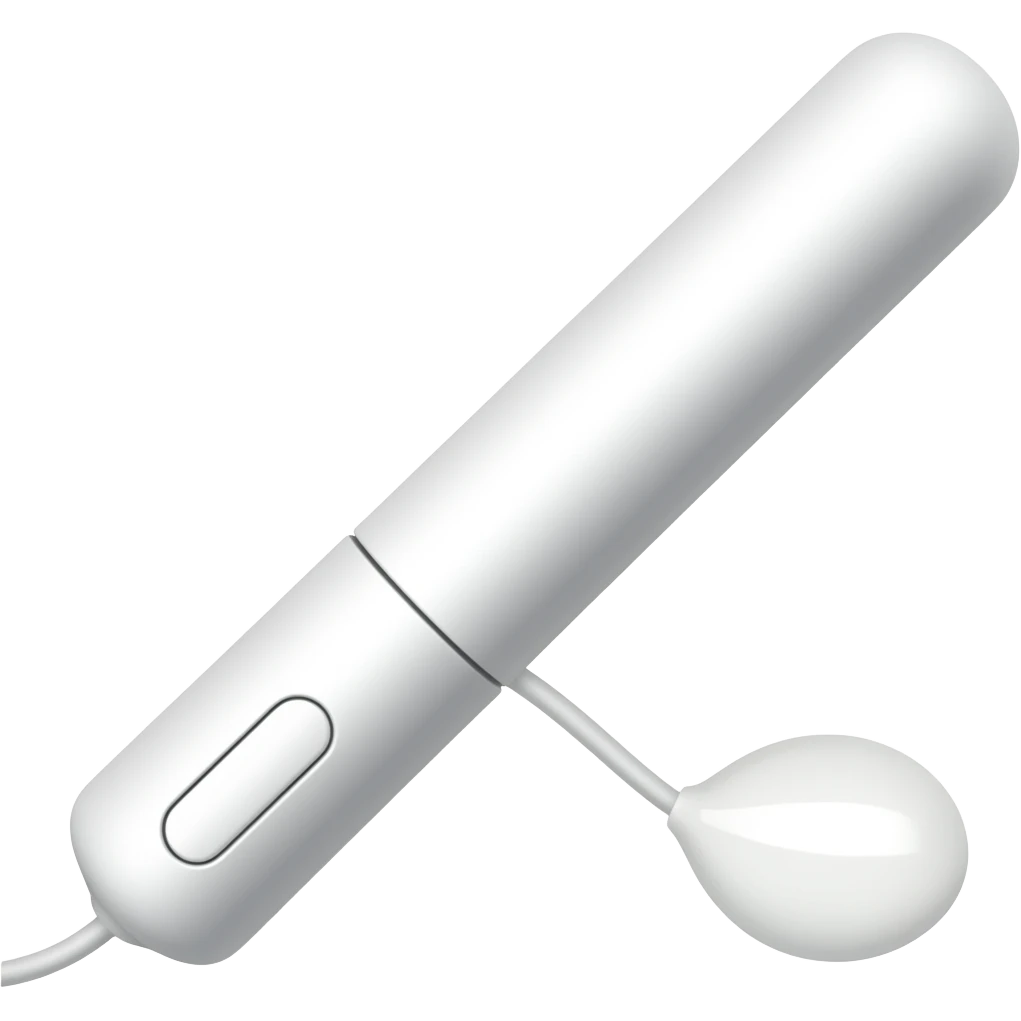 a female intimate vibrator in the form of a stick with a round, slightly elongated attachment on the wire, vibrating, white, with an on/off button emoji