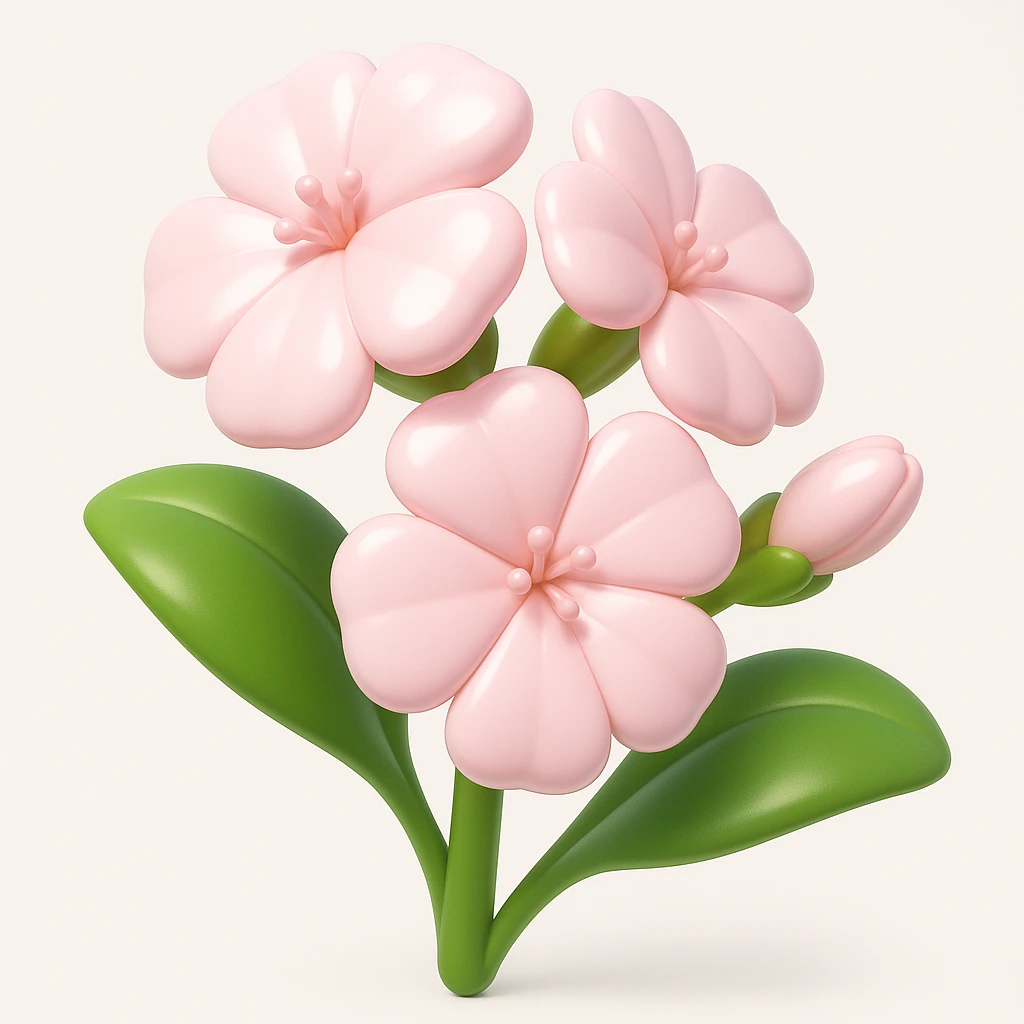Create a 3D iOS-style square image of cartoon soapwort (Saponaria) flowers with extra volumetric and rounded shapes. The petals should be pale pink with big green leaves, playful proportions, soft lighting, and a glossy effect. No background, no face or smile, proportions 1:1. The style should reflect a 3D iOS cartoon look with smooth, rounded, and glossy details. emoji
